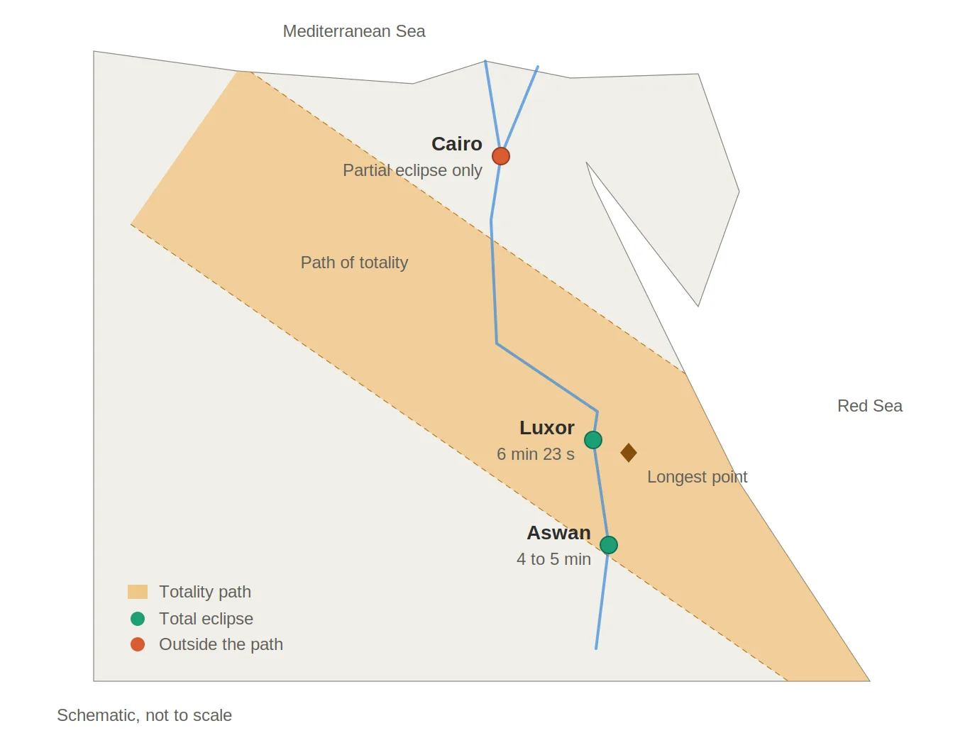 Map of the path of totality for the 2 August 2027 solar eclipse across Egypt