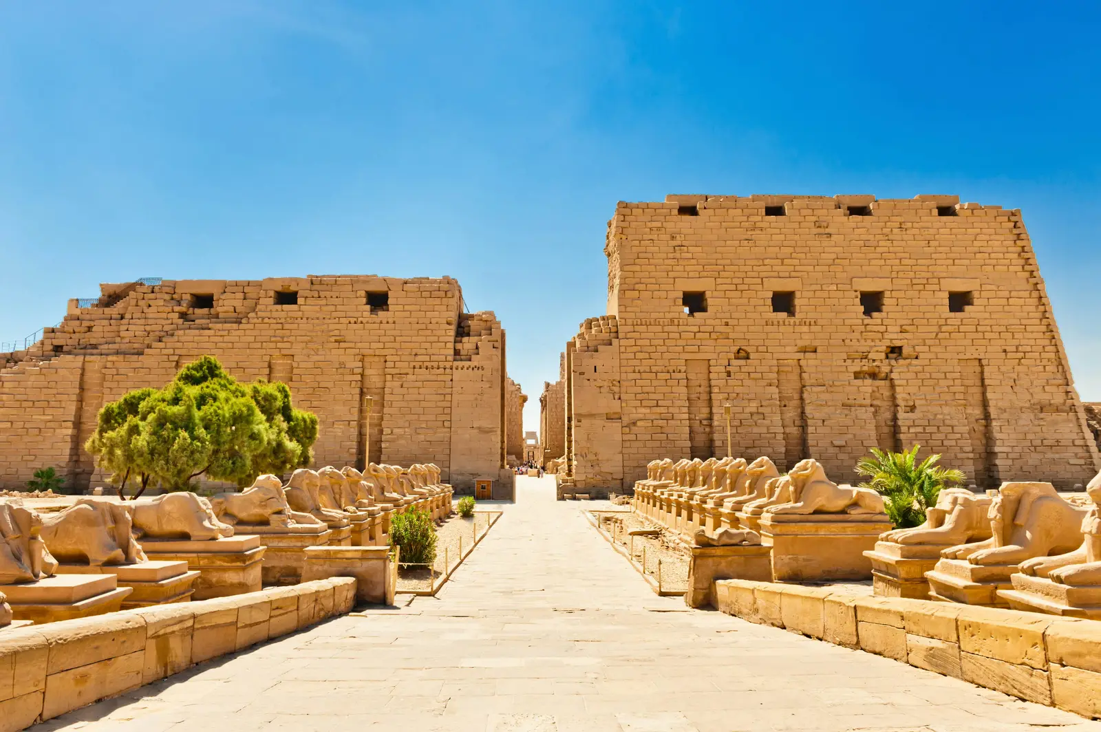 Avenue of ram-headed sphinxes leading to the first pylon of Karnak Temple in Luxor