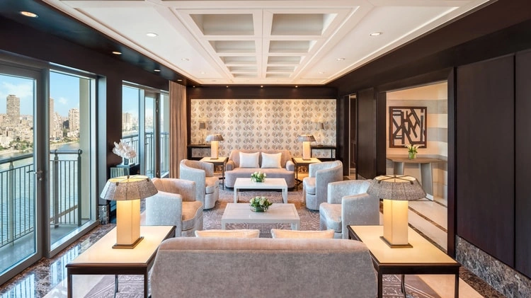Royal suite living room at St Regis Cairo overlooking the Nile