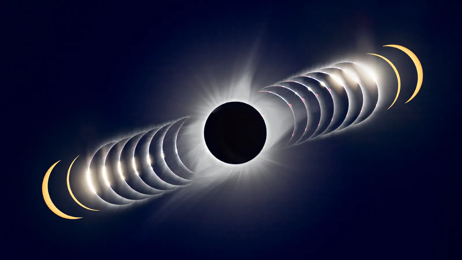 Composite of a total solar eclipse showing the partial phases before and after totality