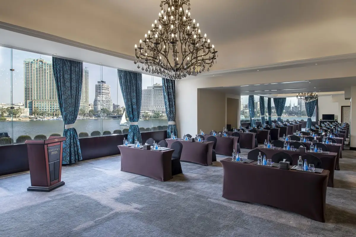 Meeting room at Sofitel Cairo Nile El Gezirah set up classroom-style with Nile views