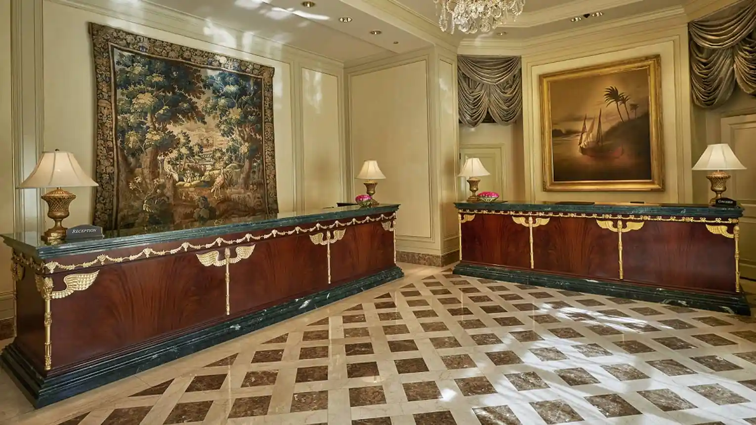 Reception lobby with Egyptian-inspired décor at Four Seasons Hotel Cairo at The First Residence