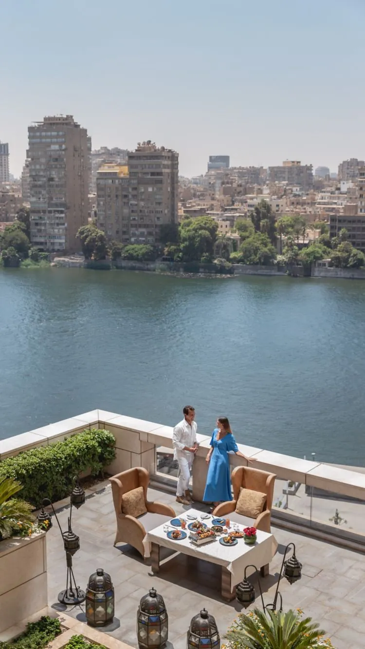 Terrace breakfast overlooking the Nile at this Nile view hotel in Cairo