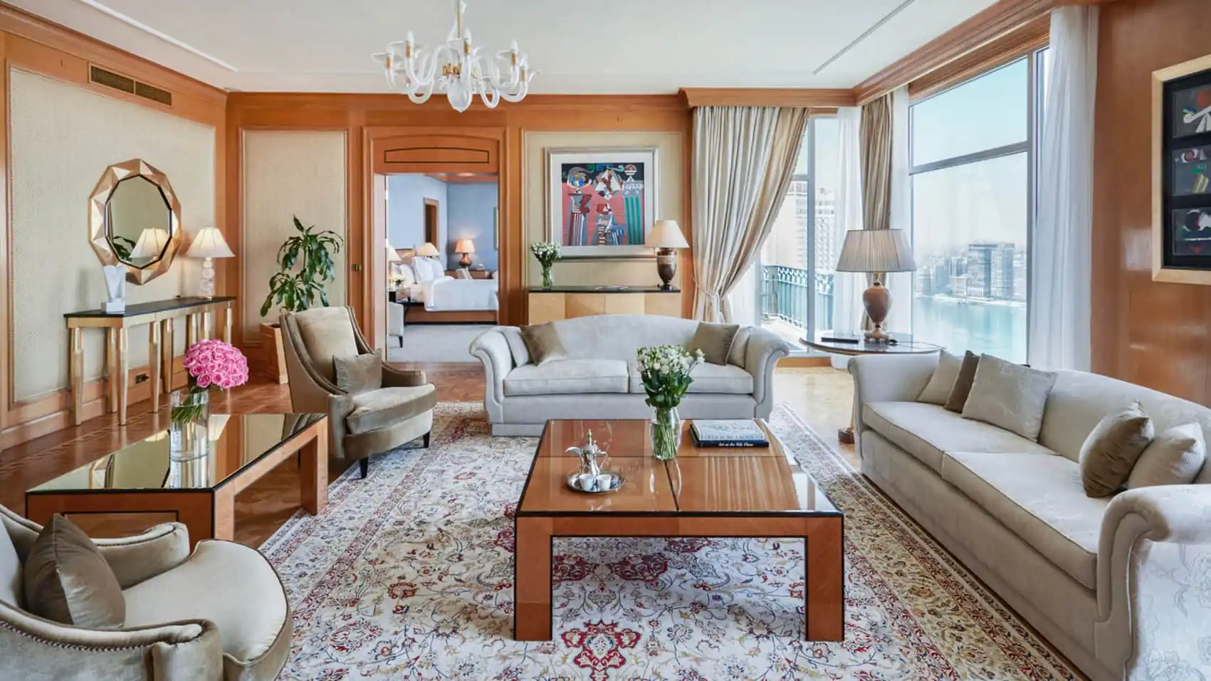 Suite living room at Four Seasons Hotel Cairo with a view toward the Nile
