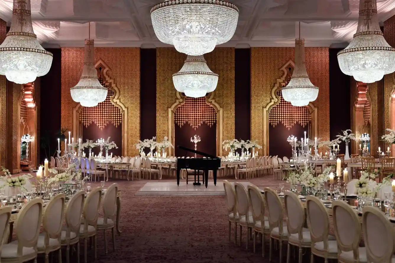 Grand ballroom at Marriott Mena House Cairo with crystal chandeliers and Moroccan arches
