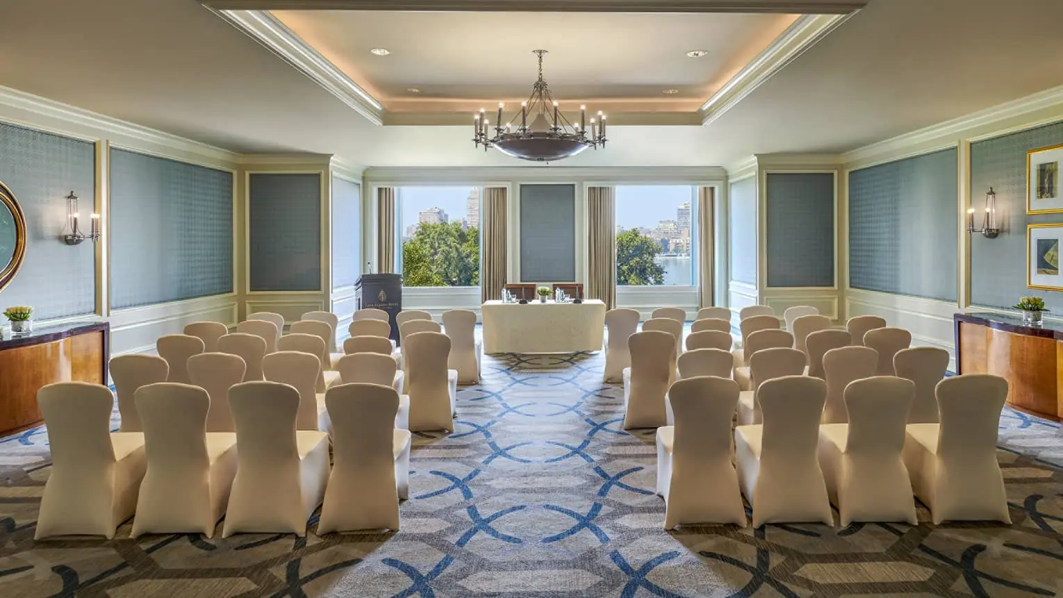 Ballroom at Four Seasons Nile Plaza Cairo set up theatre-style with city views