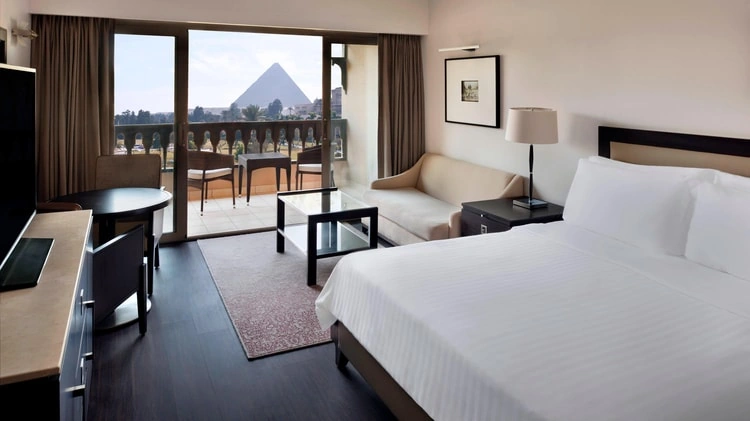 Guest room at Marriott Mena House Cairo with a direct view of the Great Pyramids