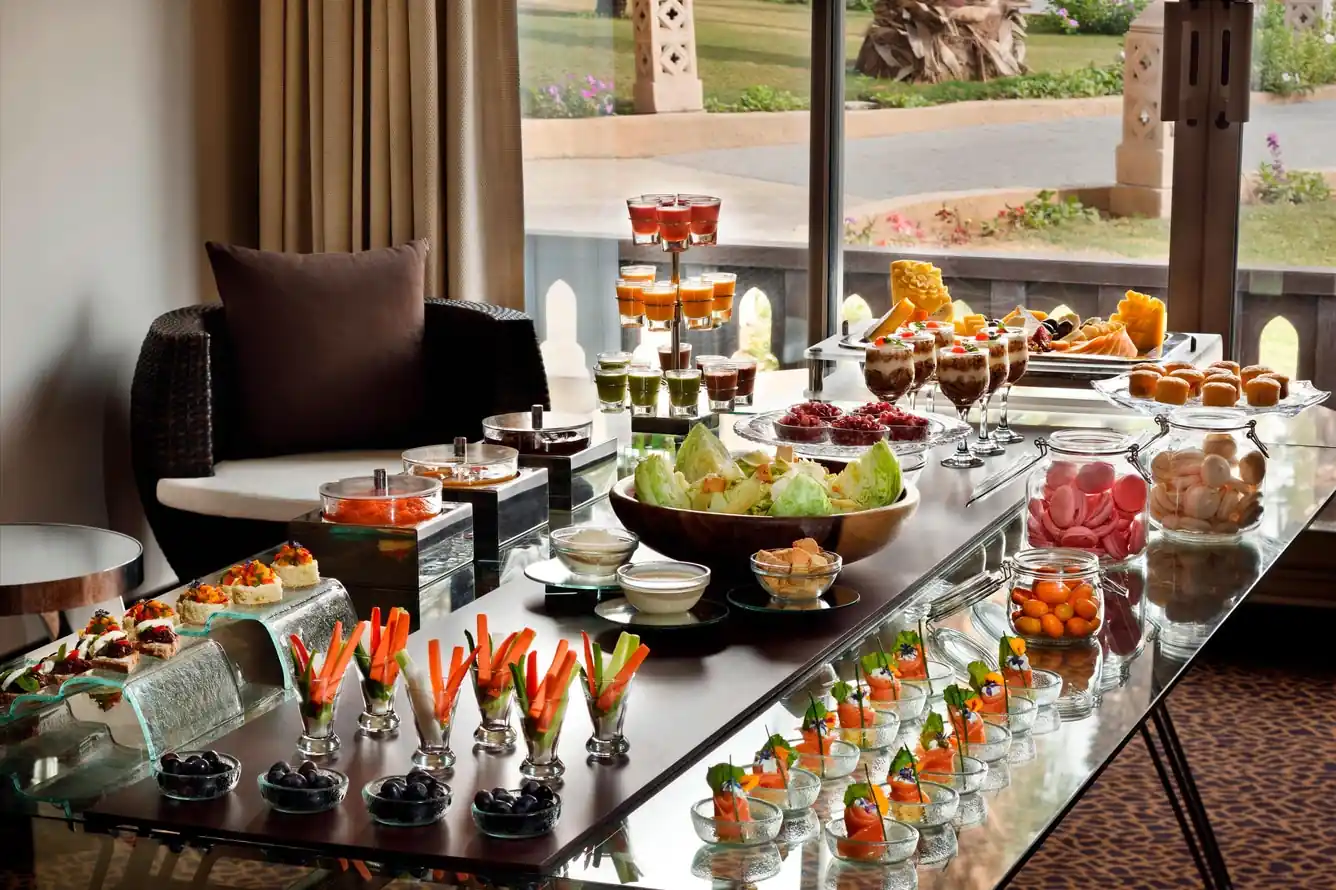 Elegant catering display at Marriott Mena House Cairo overlooking the gardens