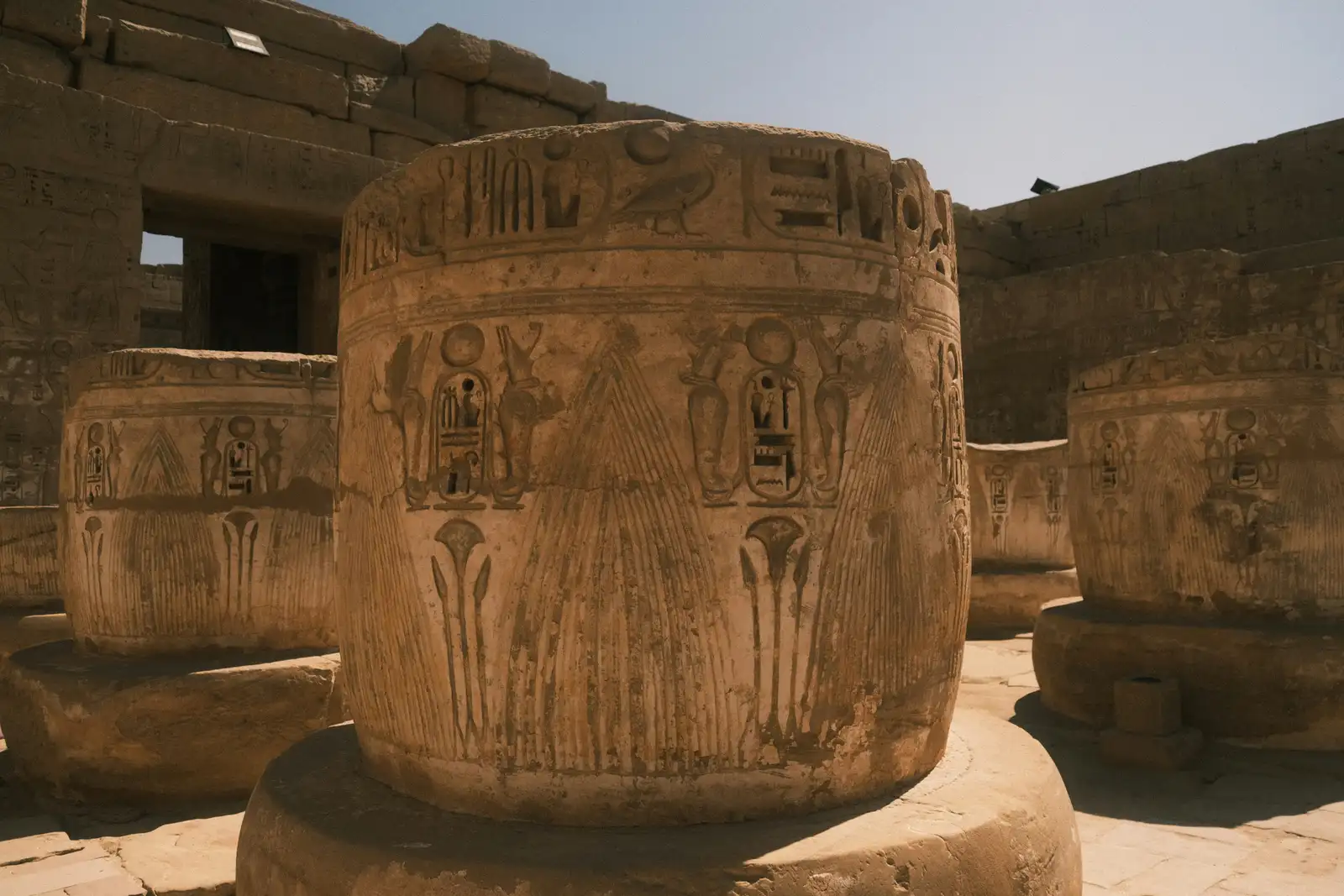 Hieroglyphs, carved reliefs, columns and a temple in Luxor, Egypt