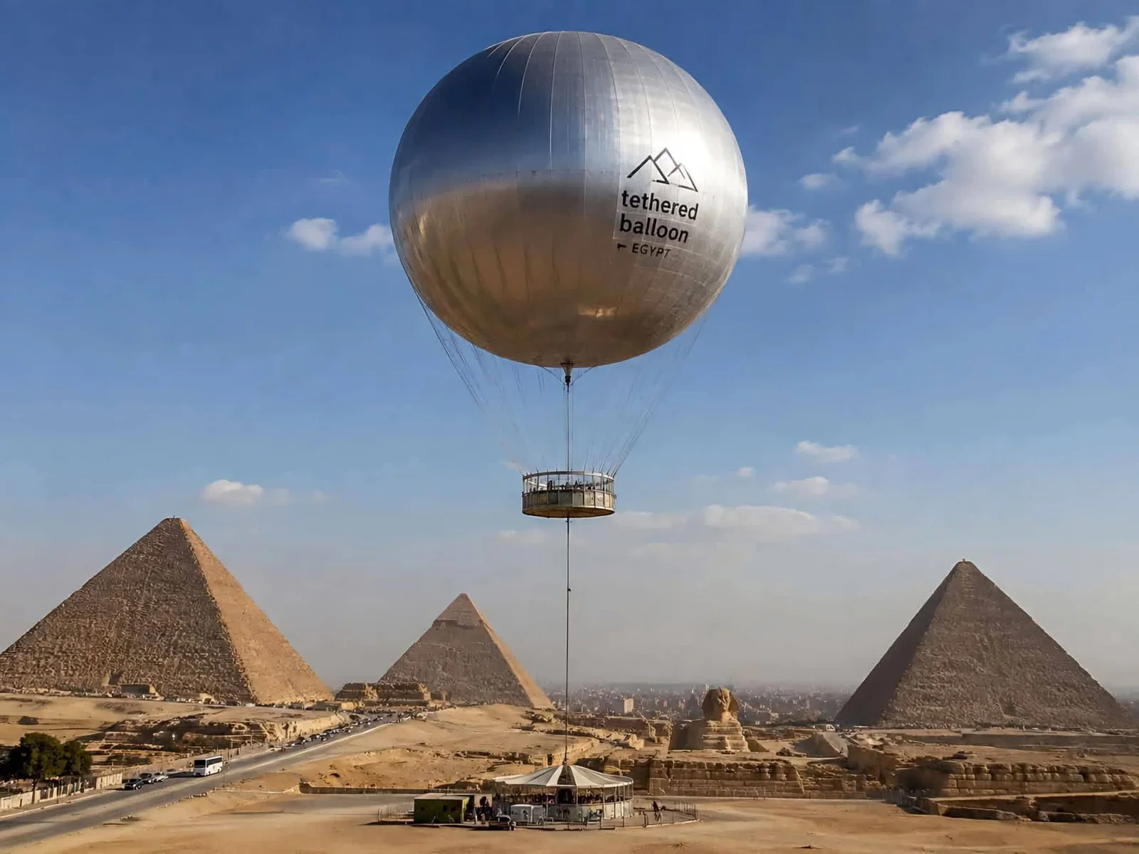 Artist's impression of a tethered balloon rising above the Giza pyramids and the Sphinx