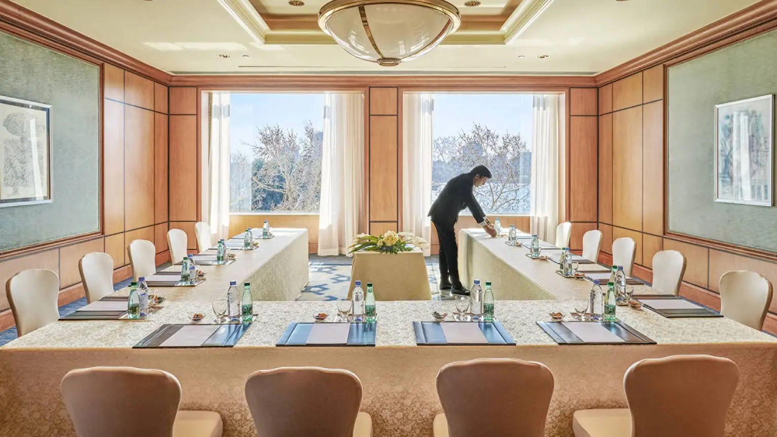 Boardroom at Four Seasons Hotel Cairo arranged in U-shape with Nile River views