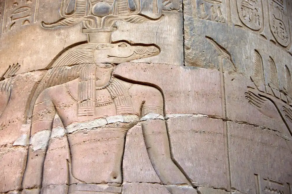 Statues, a temple, buildings and walls at Kom Ombo in Aswan, Egypt