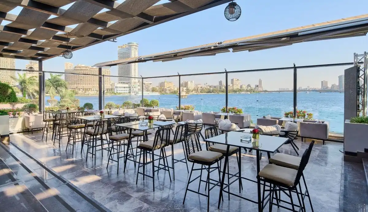 Rooftop terrace at Sofitel Cairo Nile El Gezirah overlooking the Nile and Cairo skyline