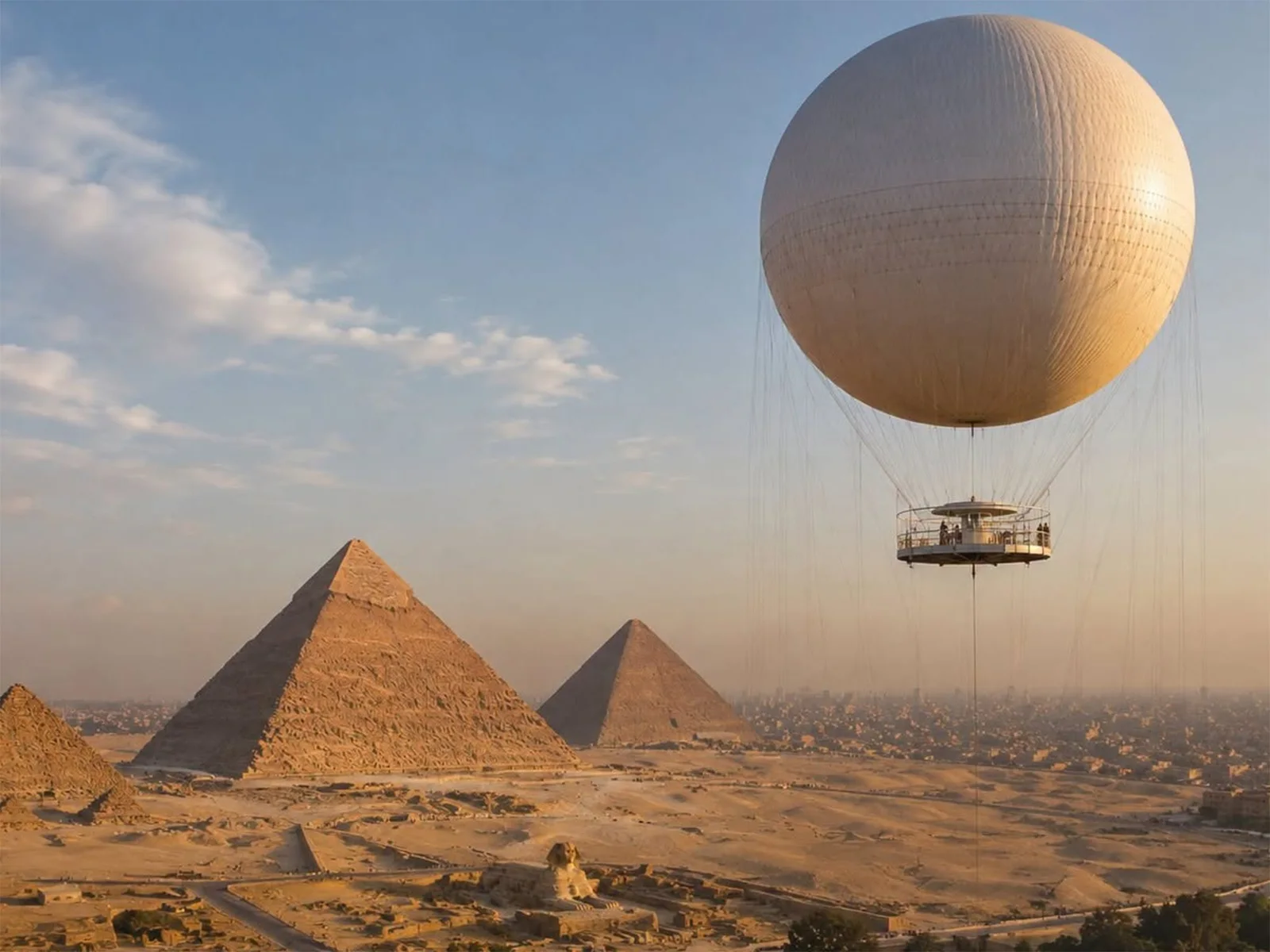 Artist's impression of a tethered balloon rising above the Giza pyramids and the Sphinx